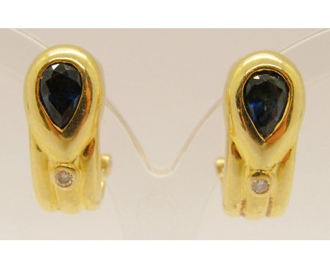 Pair of 18ct pear-cut sapphire and diamond earrings, with hinged posts and clip fastenings, 7.7g 