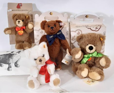 Four Steiff teddy bears comprising a limited edition Million Hugs bear 714/3000, Toldi 35 no 20063, Molly no 19647 and Petsy 