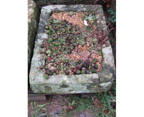 A shallow but thick walled rectangular natural stone trough, with single rounded corner containing succulents (af) 68cm long 