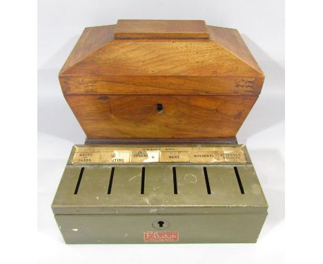 A 19th century mahogany sarcophagus tea caddy with two divisions, and a green Thrift Box with six slots. 