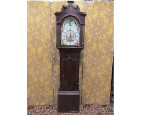 An early 19th century longcase clock, the trunk with gothic door and reeded column supports, the hood with swan neck pediment