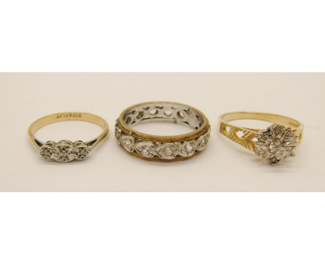 Three 9ct rings; two diamond-set examples and a white stone eternity ring, 8.4g total 