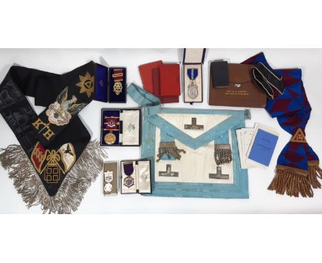 Masonic Rose Croix 30 degree sash, Grand Officers Sash, Apron, Flaming Torch jewel in silver gilt, Principles Chapter Breast 
