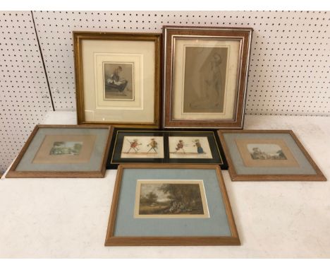 Six Drawings and Prints: M. Knox - 1930s pencil study of a kneeling nude, label attached verso, 21 x 13 cm; Watercolour sketc
