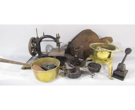 Miscellaneous collection of items, including a vintage sewing machine (as Found) leather bellows, a wrought iron curled candl