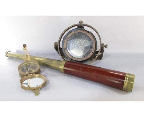 A Type P.II Royal Air Force Spitfire compass No. 37461, a brass Stanley pocket compass (one screw missing), a brass three dra