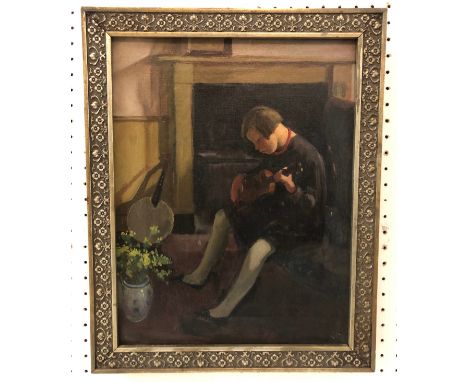 20th Century School - Girl Playing the Ukelele, oil on canvas, unsigned, 36 x 28 cm, framed 