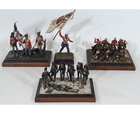 Four display models of 19th century battle scenes including Napoleonic War Riflemen carrying the Kings Colours (Egypt), Rifle