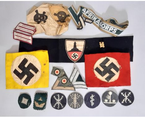 WWII National Socialist State Veterans Association felt armband, German Fire Brigade collar tabs, Luftwaffe radio specialist 