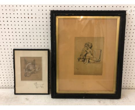 Cecil Aldin (1870-1935) - Drawing and a print: 'Skag' pencil and chalk study of a terrier with pencil sketch to mounting belo