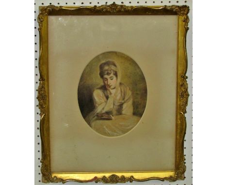 Manner of Sir Joshua Reynolds (British, 1723-1792) - Half length portrait sketch of Mrs Crewe, reading, the pose related to t