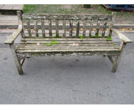 R A Lister three seat teak bench with slatted seat and back, 159cm long 