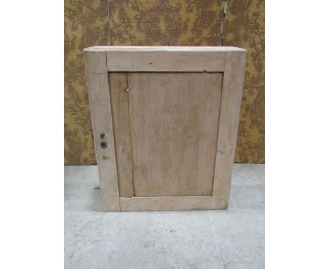 Old stripped pine hanging cupboard with rectangular panelled door enclosing a painted fixed shelf to interior, 70cm wide x 23