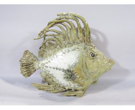 A Cornish glazed ceramic John Dory Fish, (as found top fins sellotaped) 54cm wide x 46cm. 
