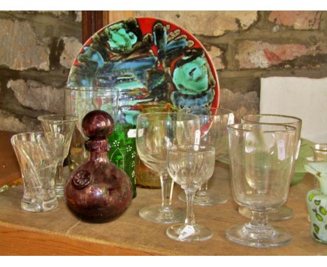 A mixed selection of glassware including Champagne bowls, wine glasses, a collection of sugar shakers, light shades, a Poole 
