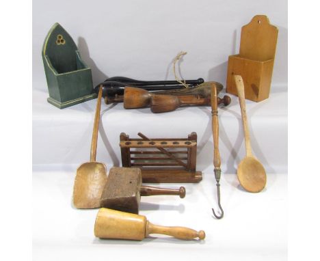 Two pairs of vintage Indian exercise batons “Meels”, together with two similar, two wooden candle boxers, a pipe stand, a scu