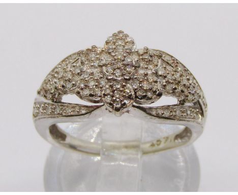 14ct white gold diamond cluster ring of openwork floral design, size K/L, 3.5g (af) 