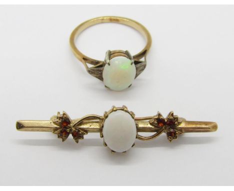 Vintage 9ct opal and garnet bar brooch, 2.4g and a 9ct mid-20th century cabochon opal ring, size O, 2.1g 