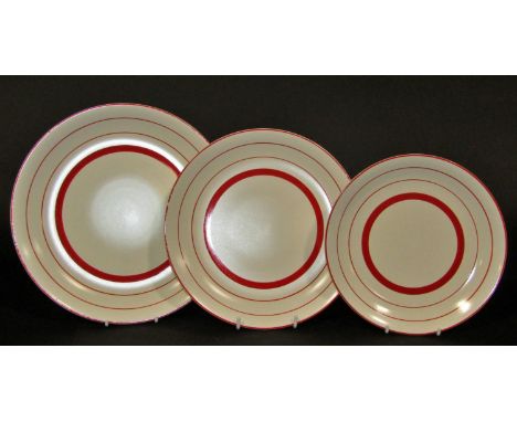 Crown Devon art deco dinner service white and red banded dinner set comprising six dinner plates, six side plates, six  furth