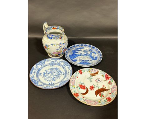 Two Chinese plates, 19th or early 20th century together with one other and an ironstone jug 