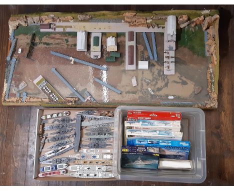 Model Harbour and model ships including Triang Minic quays and breakwater straights, various cruise and battle ships together