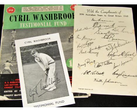 Cricket related ephemera collection including autographs, late 40s/50s including W B Roberts and MJ Milton of Lancashire and 