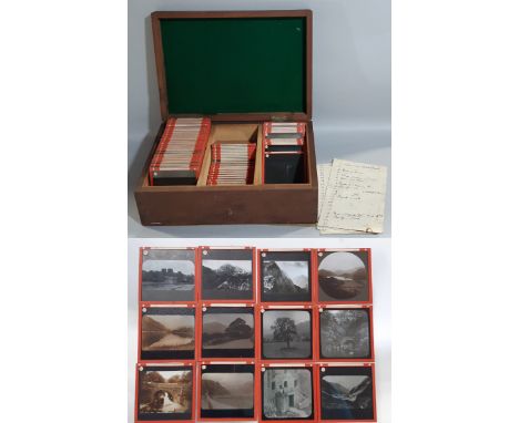 Welsh interest - A series of over 80 magic lantern slides in monochrome together with hand written cards detailing the views 