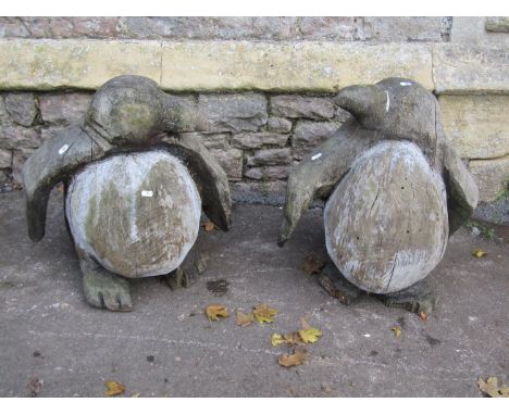 Pair of weathered wooden chainsaw art novelty garden ornaments in the form of penguins (af) 54cm high 