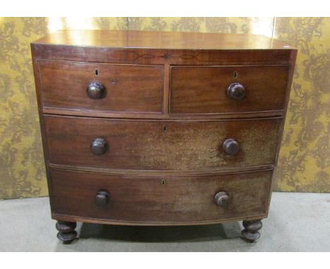 19th century small mahogany bow front caddy top bedroom chest of two long and two short drawers with ebony string inlay, set 