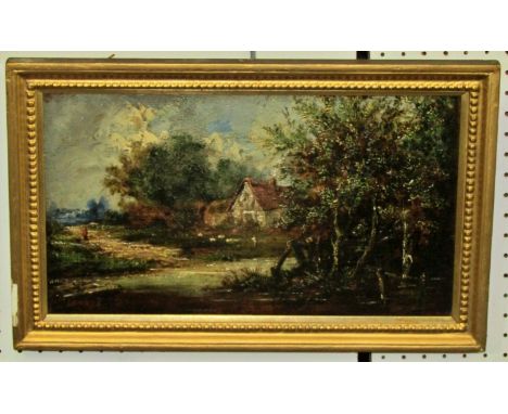 After John Constable (1776-1837) lakeside cottage scene with woodland and distant figure, oil on panel, 20 x 36 cm, gilt fram