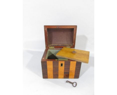 A small 19th century banded rosewood and fruitwood tea caddy, the domed hinge cover enclosing a single internal lid, lock wor