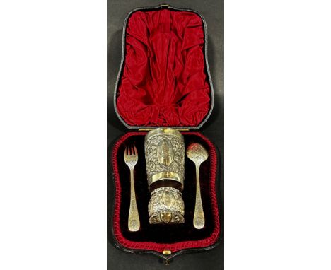 Late Victorian silver Christening set comprising beaker, fork, spoon and napkin ring bearing initials and DOB 24th June 1895,