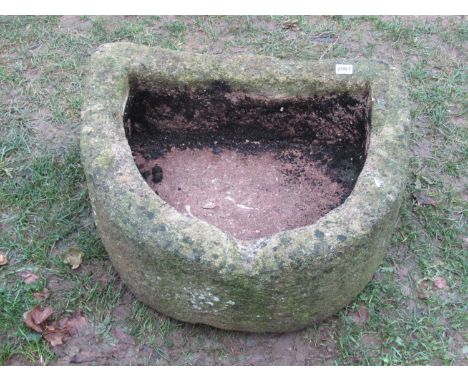 A good weathered imitation natural stone D end trough with cut out channel, 60cm x 50cm x 25cm high 