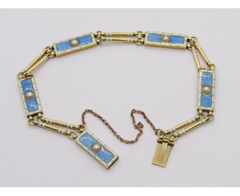 Good quality antique yellow metal panel bracelet decorated in sky blue and white enamel and set with pearls, possibly Russian