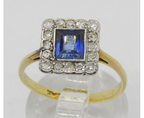 18ct sapphire and diamond square cluster ring with platinum setting, size O, 2.8g 