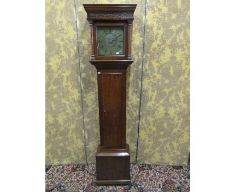 A Georgian oak thirty hour longcase clock with square brass dial, cast spandrels, etched detail and single hand, by Stephens 