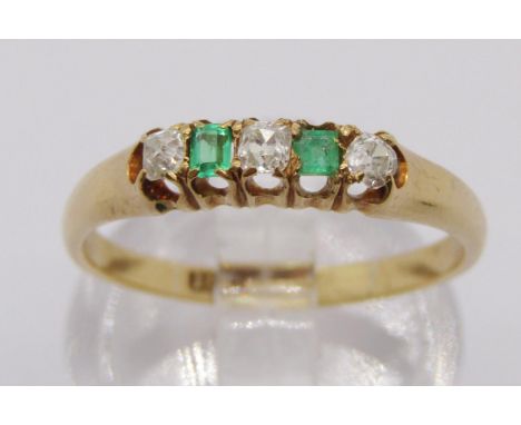 Victorian 18ct five stone emerald and diamond ring, size O, 2.4g (one emerald is a replacement) 