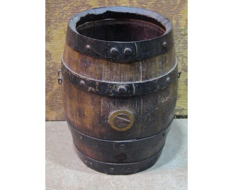 Vintage coopered oak and steel banded barrel (adapted as a log bin or stick stand) 46cm high 