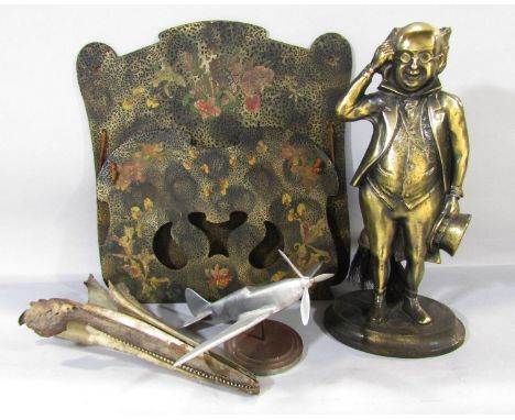 A brass Mr Pickwick Companion set, floral magazine rack, a metal model Spitfire, and the bone jaw and teeth of Bottle nose do