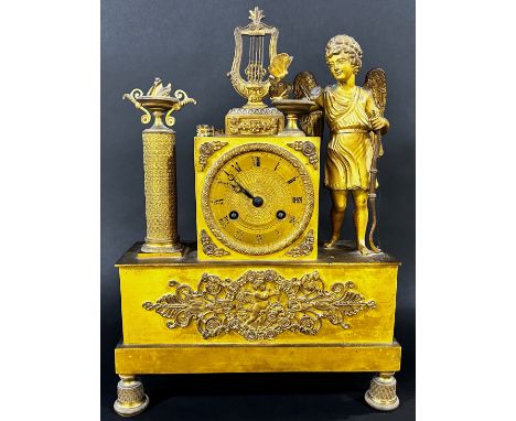 A good quality late, 19th century continental gilt metal mantle clock with figural mounts, 36cm high, 24cm wide. 