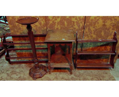 Oak torchere on an octagonal base with an inverted tapering column, square cut occasional table on turned supports, pine  wal