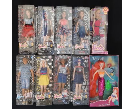 10 boxed dolls including 8 from Barbie and Ken Fashionista range (Mattel) numbers 13, 15, 19, 22, 26, 27 x 2, 32, a Mattel Ba