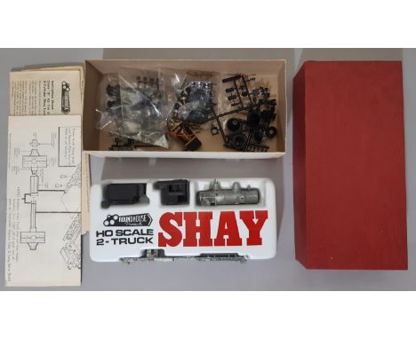 A boxed Roundhouse Products HO gauge 2-Truck B-42 ton  locomotive model kit by Shay. Unchecked, appears un-started with some 