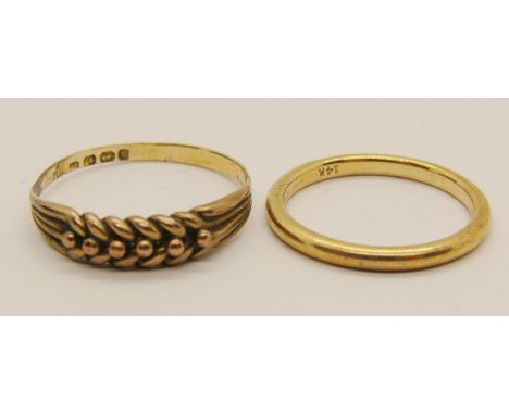 Antique 12ct keeper ring, size R, 1.7g (worn) and a 14k wedding ring, size M/N, 2.2g 