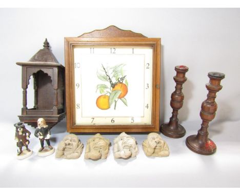 A wall clock with an old coloured botanical print of oranges set in a wooden glazed frame with hinged door, (battery operated