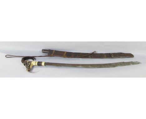 Dayak Headhunters Mandau sword from Borneo with carved and decorated hardwood scabbard, lightly decorated curved blade, the b