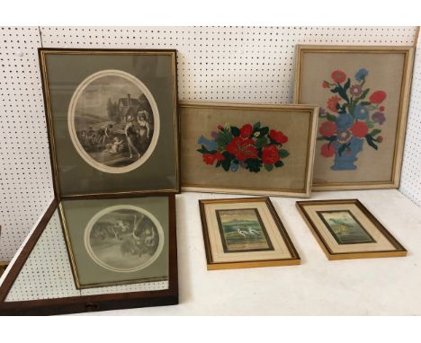 Five framed works with a mirror (as found), to include: Two Indian gouache paintings of a parrot and two Herons with scriptur