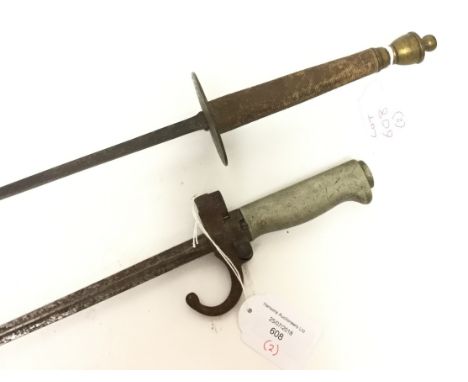 A Fencing Foil with 84cm long blade marked "A Solin". Circular brass guard to grip. Brass pommel. Together with a WW1 French 