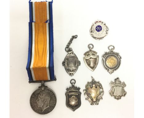 WW1 British War Medal to 40896 Pte J Thornton, Leicester Regt, complete with ribbon: an Army & Navy Club lapel badge (Queens 