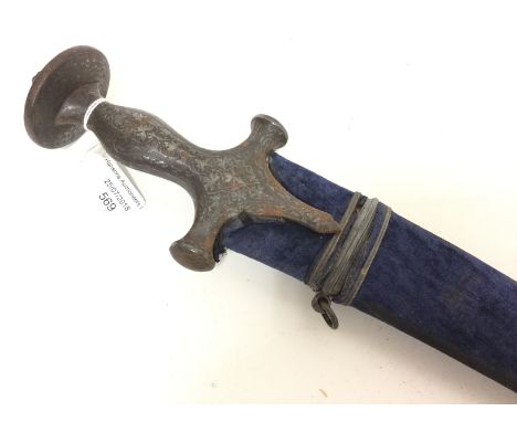 Indian Talwar style sword with decorated steel hilt. 73cm long curved blade. Rust to blade but appears to be patterned or dec